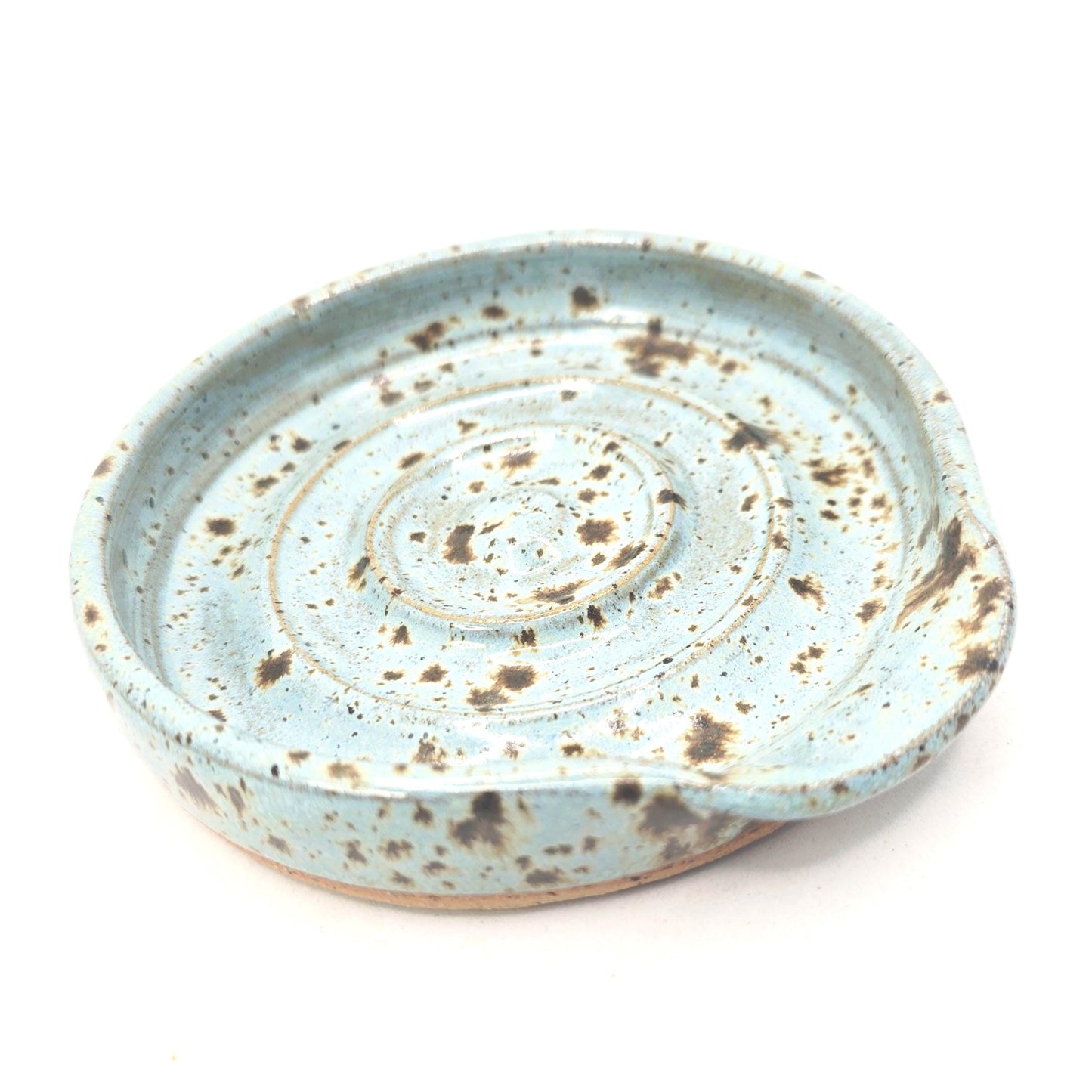 Handmade Ceramic Spoon Rest - Blue Speckled Glaze, Toasty Stoneware Pottery.