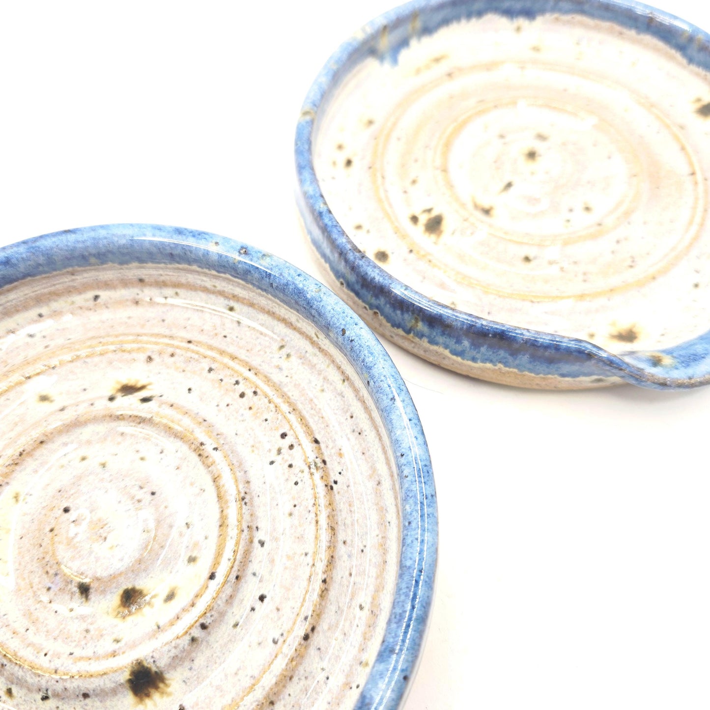Handmade Ceramic Spoon Rest - Blue & Cream Speckled Glaze. Toasty Stoneware Pottery