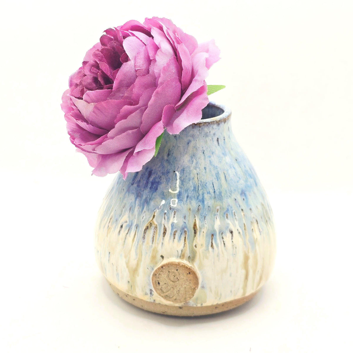 Handmade Ceramic Teardrop Bud Vase -  Speckled Cream & Blue Glaze, Toasty Stoneware Pottery