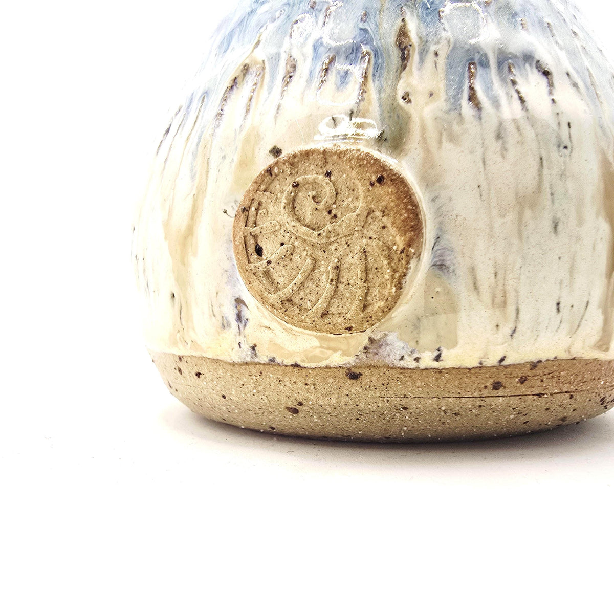 Handmade Ceramic Teardrop Bud Vase -  Speckled Cream & Blue Glaze, Toasty Stoneware Pottery