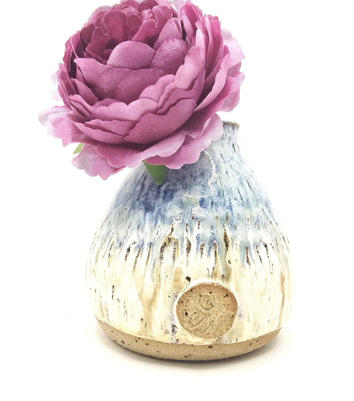 Handmade Ceramic Teardrop Bud Vase -  Speckled Cream & Blue Glaze, Toasty Stoneware Pottery