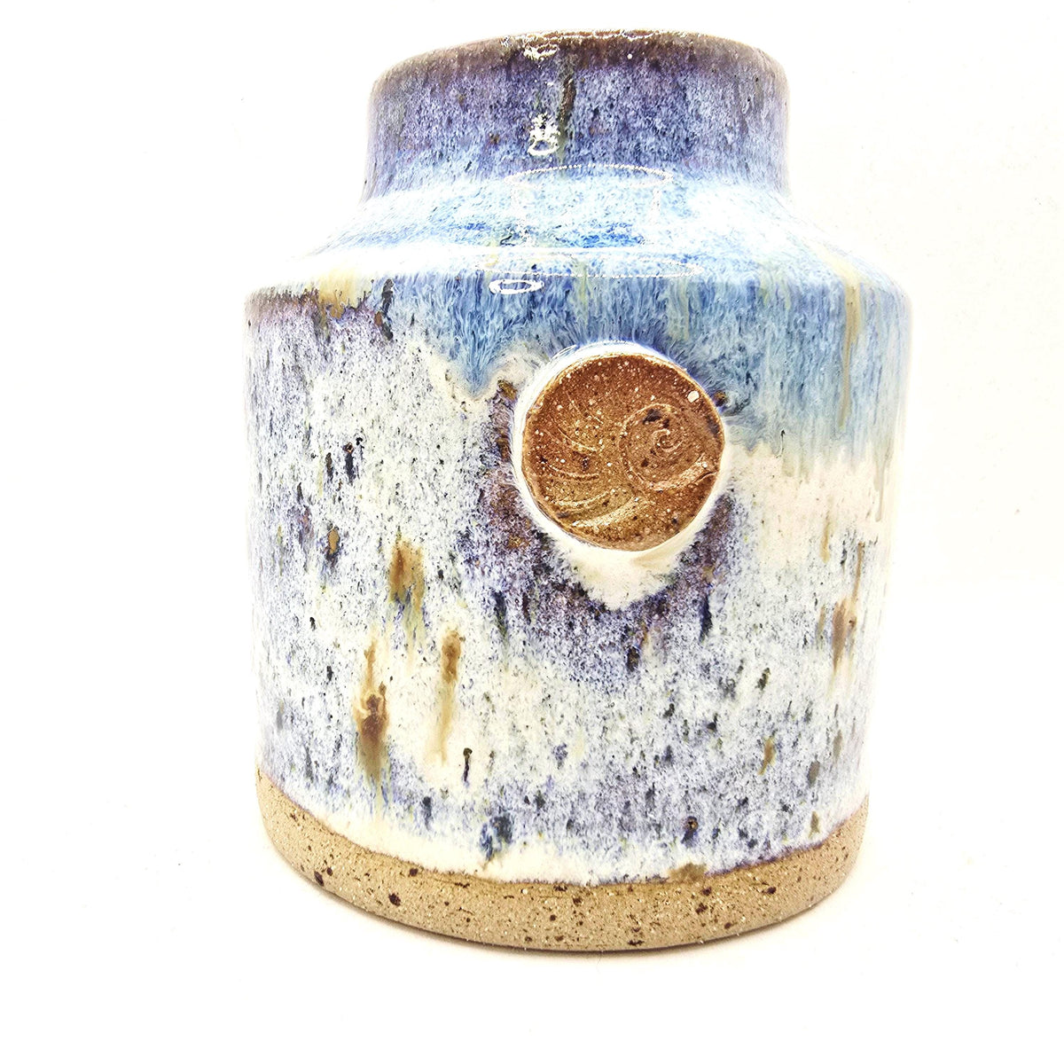 Handmade Ceramic Churn  Vase. Speckled Blue & Cream Glaze. Toasty Speckled Stoneware Pottery