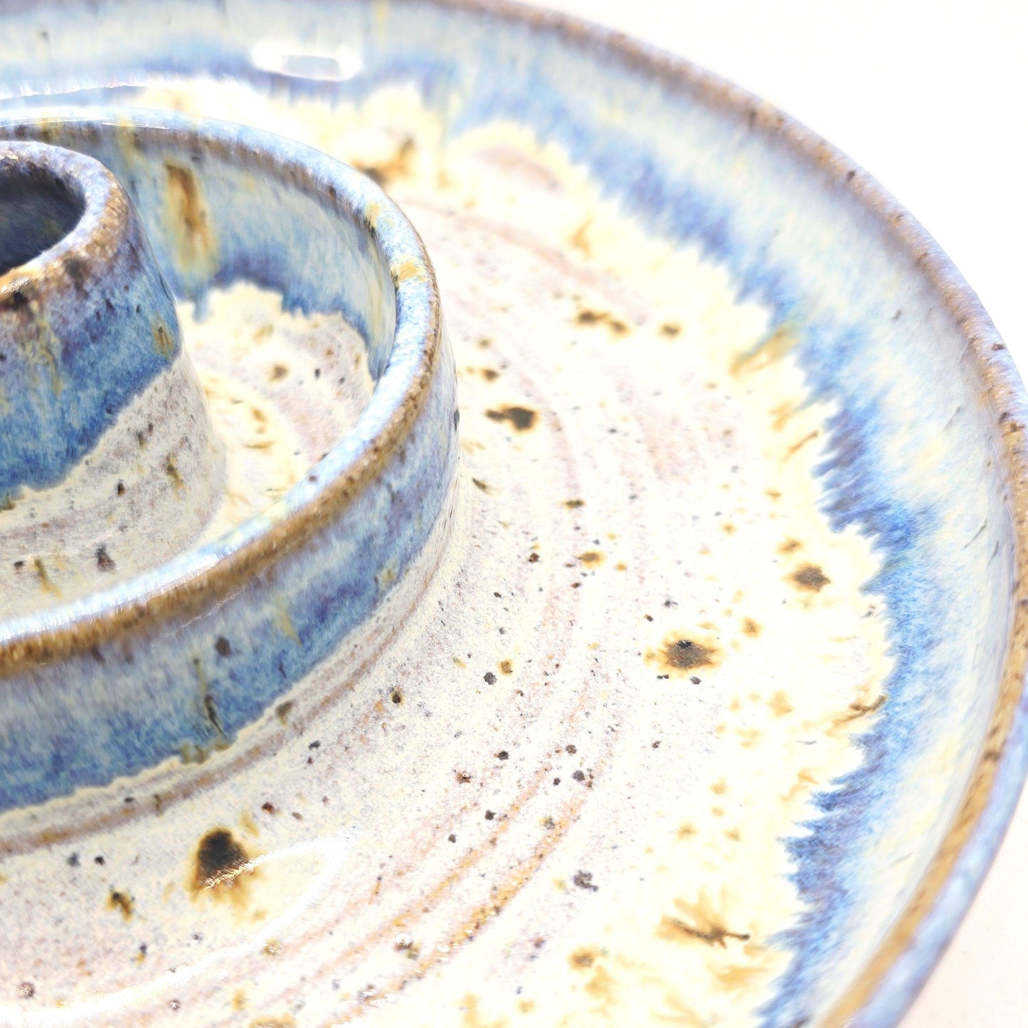 Handmade Stoneware Large Olive Dish / Bowl - Speckled Blue and Cream Glaze. Toasty Stoneware Pottery