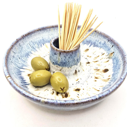 Handmade Stoneware Olive Dish / Bowl - Speckled Blue and Cream Glaze. Toasty Stoneware Pottery
