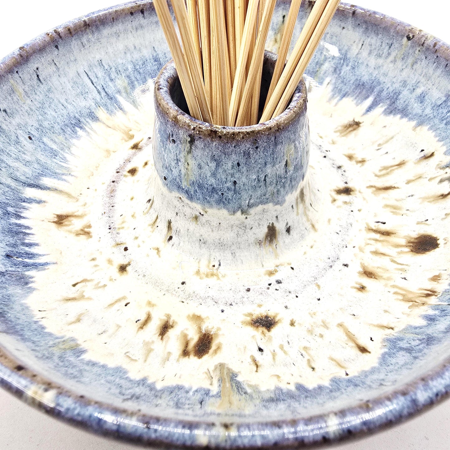 Handmade Stoneware Olive Dish / Bowl - Speckled Blue and Cream Glaze. Toasty Stoneware Pottery