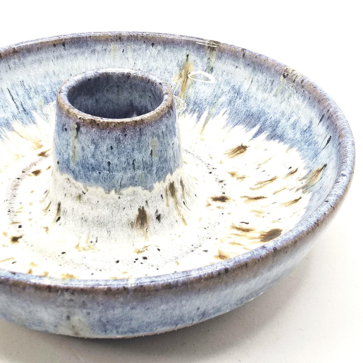 Handmade Stoneware Olive Dish / Bowl - Speckled Blue and Cream Glaze. Toasty Stoneware Pottery