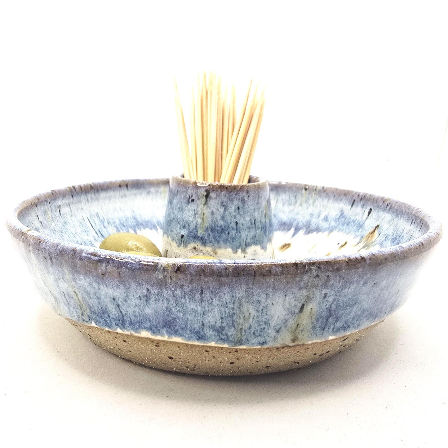 Handmade Stoneware Olive Dish / Bowl - Speckled Blue and Cream Glaze. Toasty Stoneware Pottery