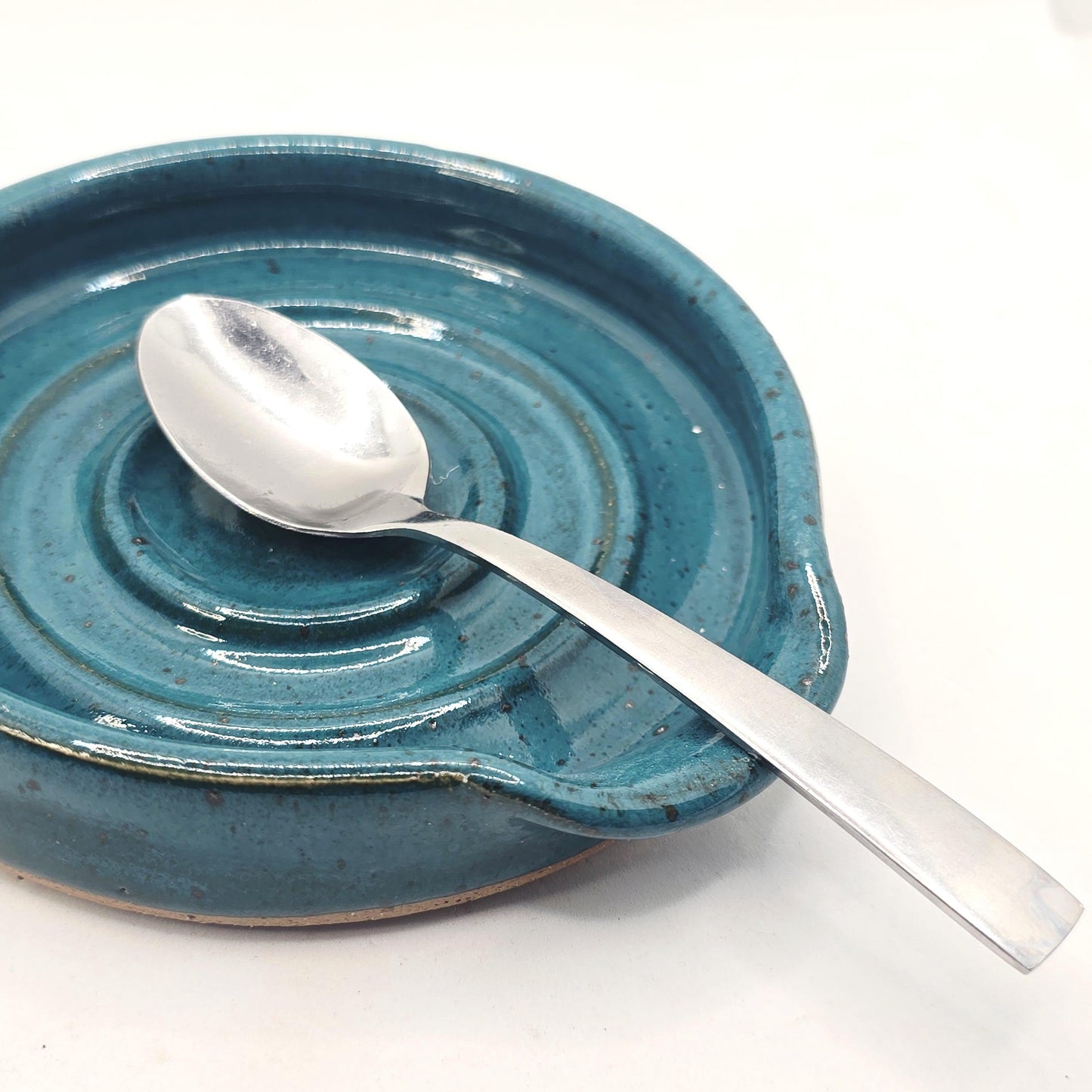 Handmade Ceramic Spoon Rest - Deep Turquoise Blue Speckled Glaze. Toasty Stoneware Pottery