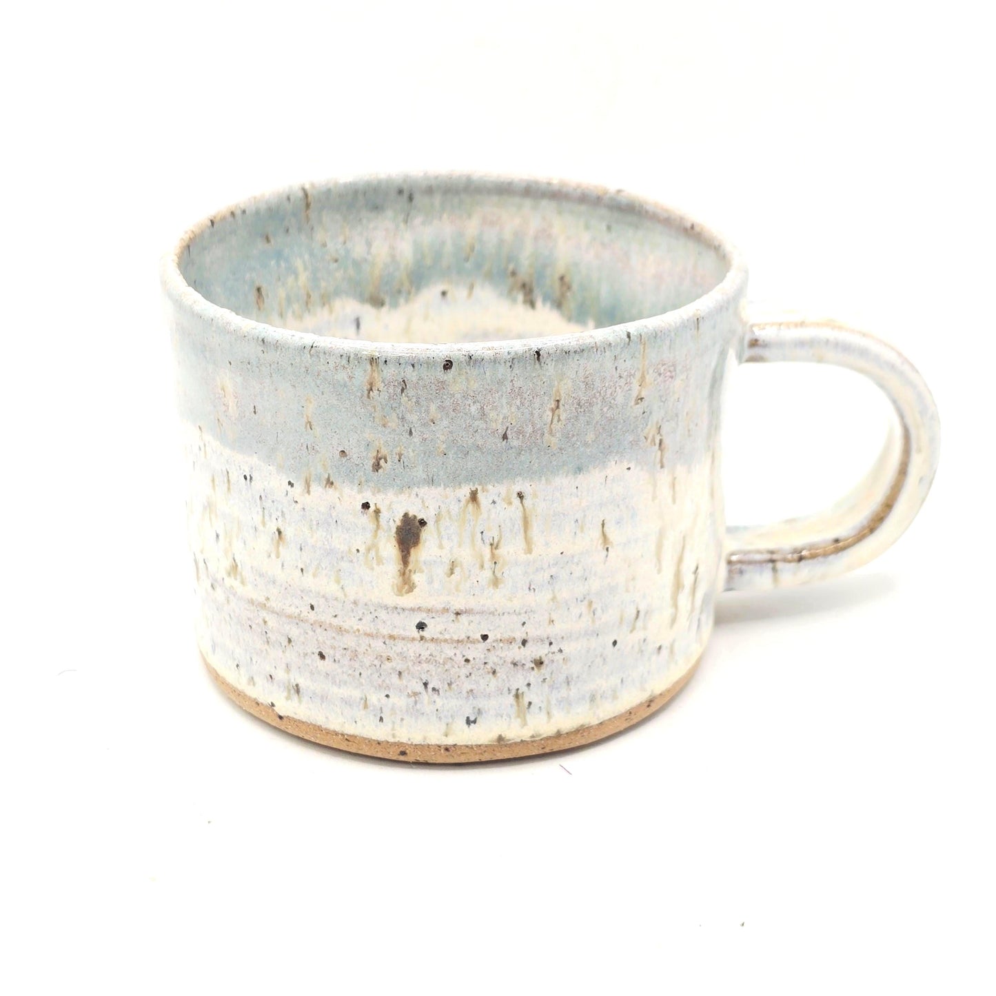 Handmade Ceramic Short 8oz Tea/Coffee Mug. Pale Sage Green & Cream Speckled Glaze. Toasty Stoneware Pottery.