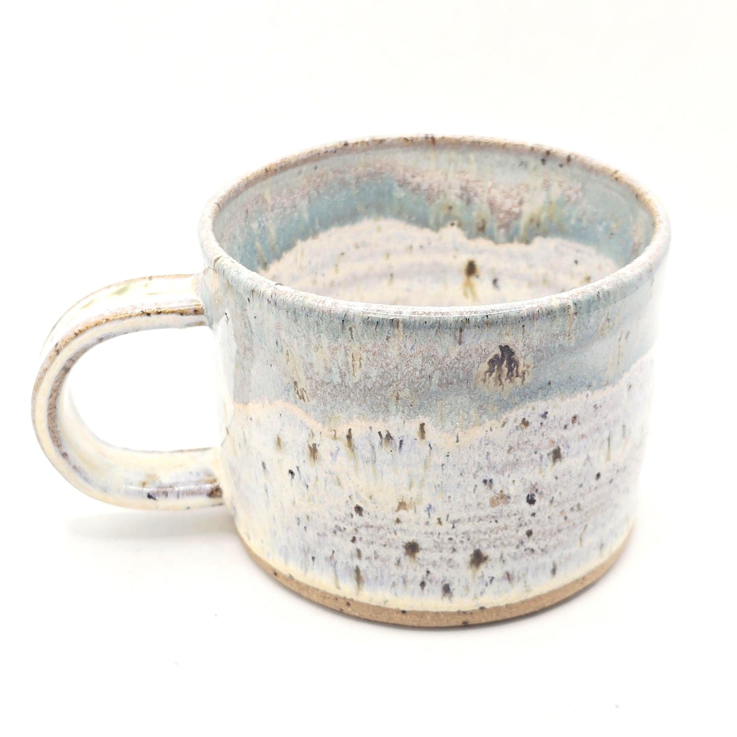 Handmade Ceramic Short 8oz Tea/Coffee Mug. Pale Sage Green & Cream Speckled Glaze. Toasty Stoneware Pottery.