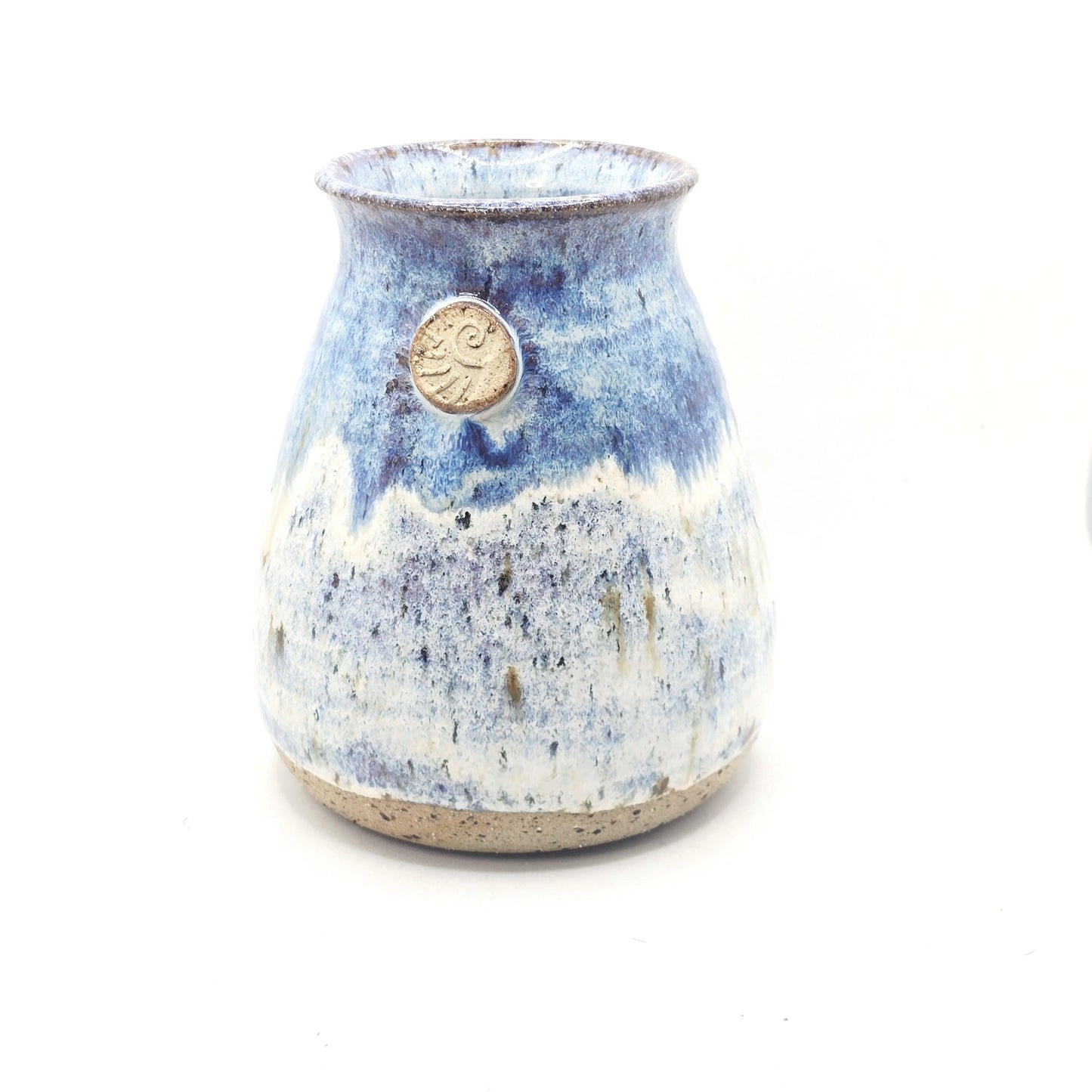 Handmade Ceramic Bud Vase. Ammonite Sprig. Speckled Blue & Cream Glaze. Toasty Stoneware Pottery