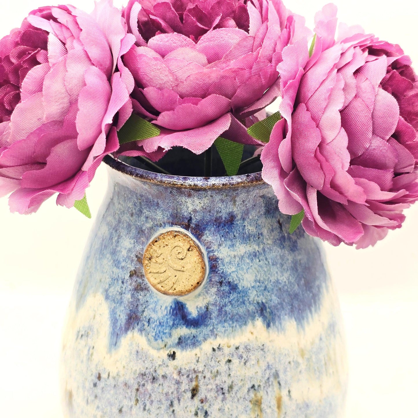 Handmade Ceramic Bud Vase. Ammonite Sprig. Speckled Blue & Cream Glaze. Toasty Stoneware Pottery