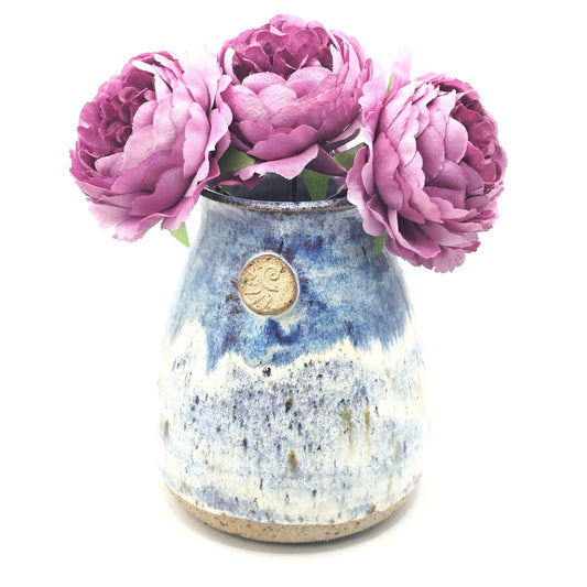 Handmade Ceramic Bud Vase. Ammonite Sprig. Speckled Blue & Cream Glaze. Toasty Stoneware Pottery