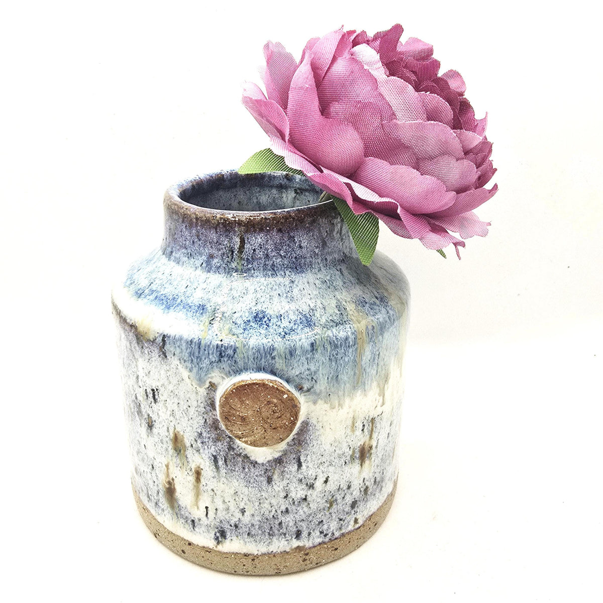 Handmade Ceramic Churn  Vase. Speckled Blue & Cream Glaze. Toasty Speckled Stoneware Pottery