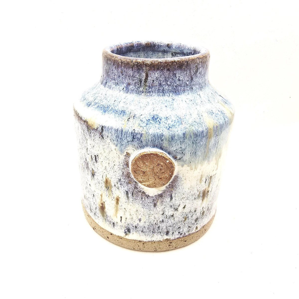 Handmade Ceramic Churn  Vase. Speckled Blue & Cream Glaze. Toasty Speckled Stoneware Pottery