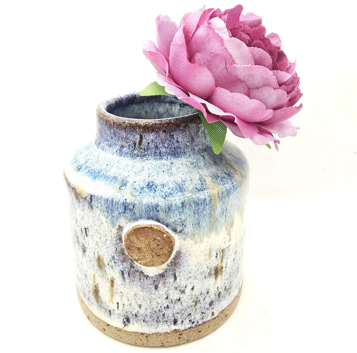 Handmade Ceramic Churn  Vase. Speckled Blue & Cream Glaze. Toasty Speckled Stoneware Pottery
