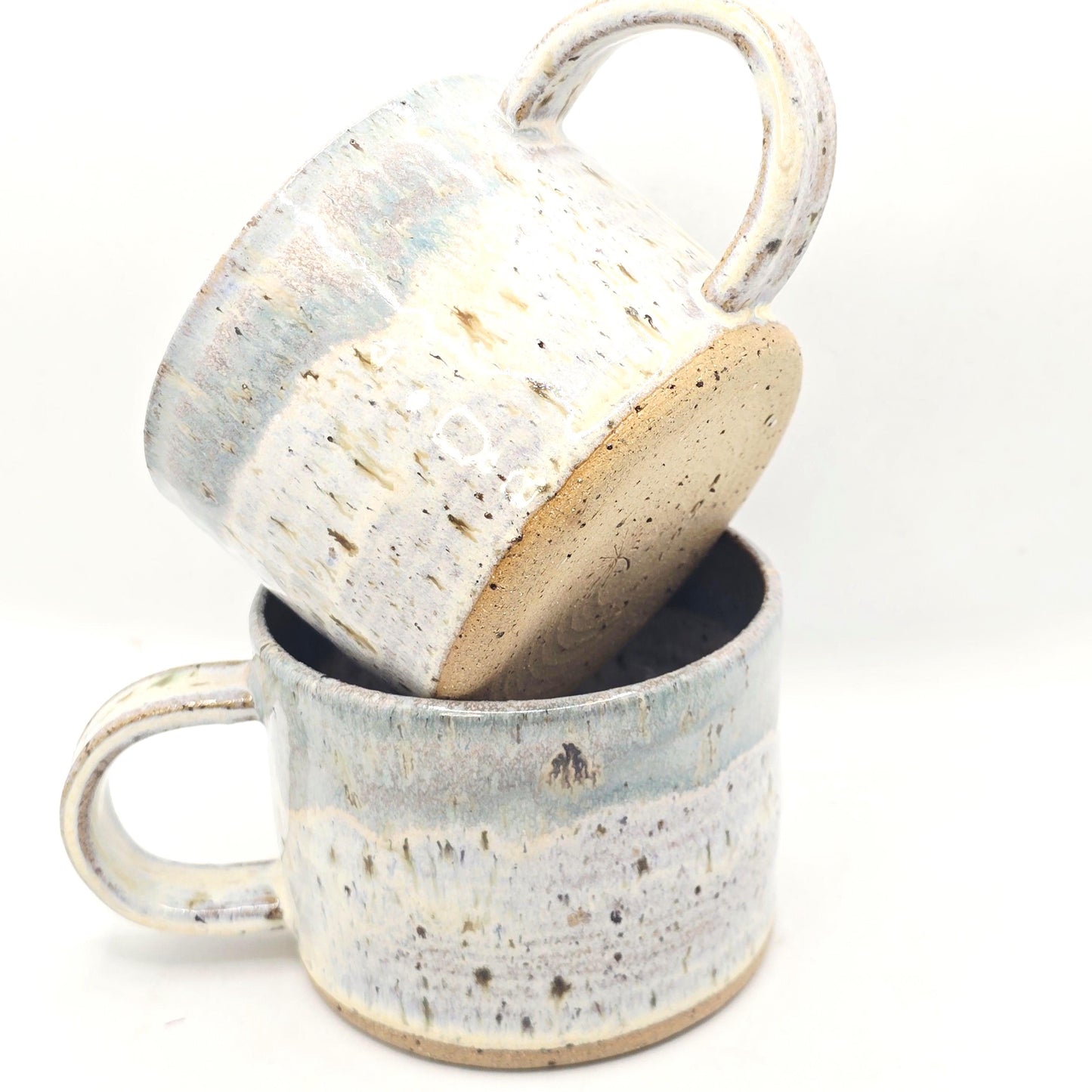 Handmade Ceramic Short 8oz Tea/Coffee Mug. Pale Sage Green & Cream Speckled Glaze. Toasty Stoneware Pottery.