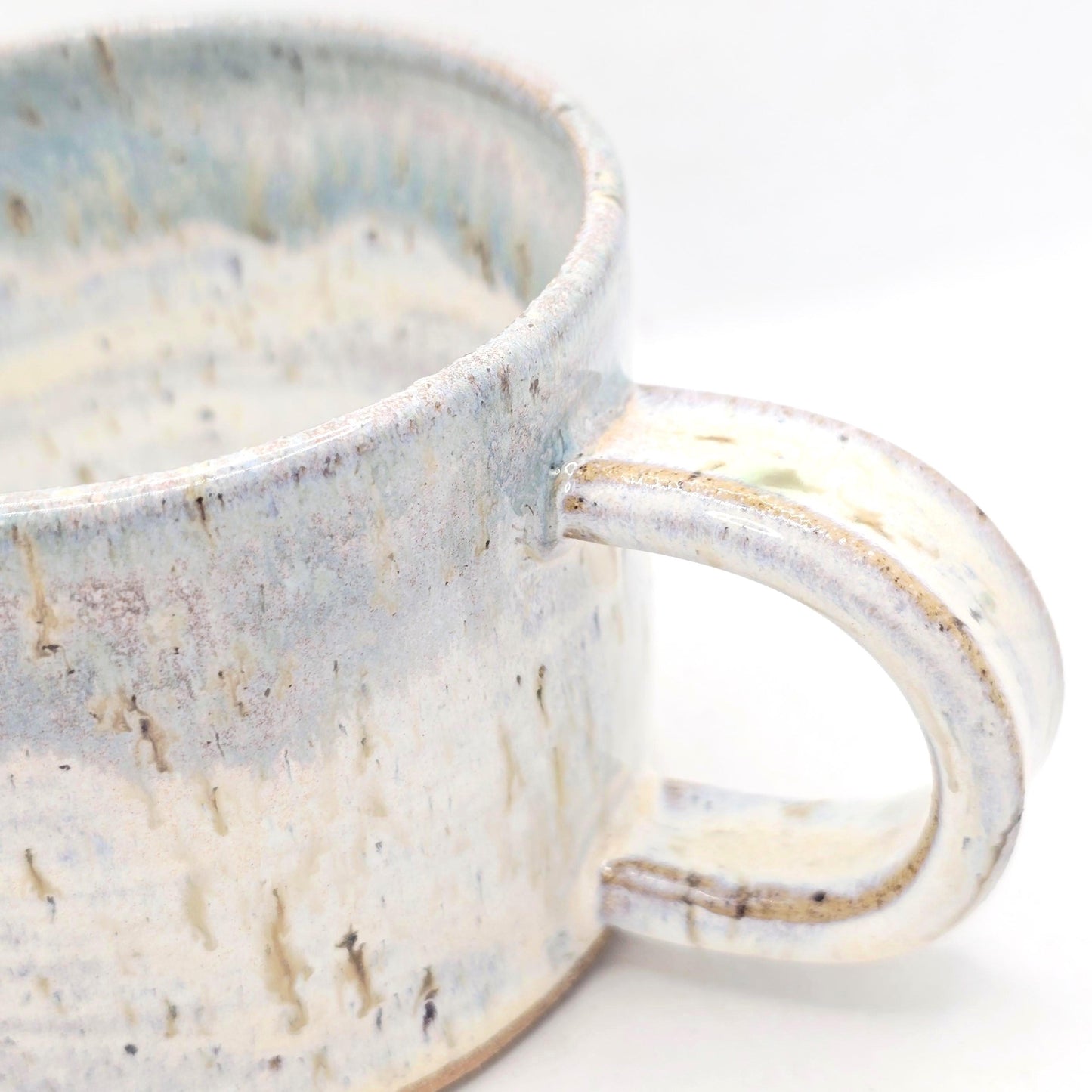 Handmade Ceramic Short 8oz Tea/Coffee Mug. Pale Sage Green & Cream Speckled Glaze. Toasty Stoneware Pottery.
