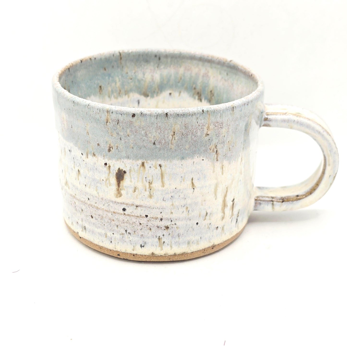 Handmade Ceramic Short 8oz Tea/Coffee Mug. Pale Sage Green & Cream Speckled Glaze. Toasty Stoneware Pottery.
