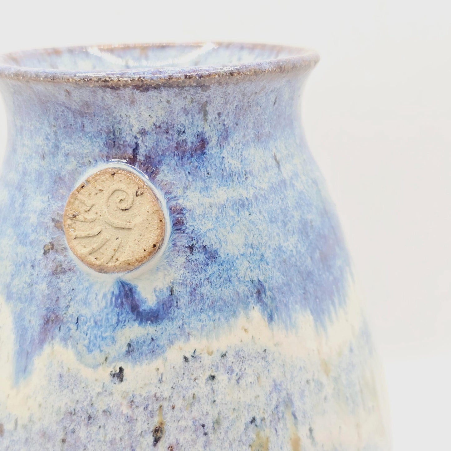 Handmade Ceramic Bud Vase. Ammonite Sprig. Speckled Blue & Cream Glaze. Toasty Stoneware Pottery