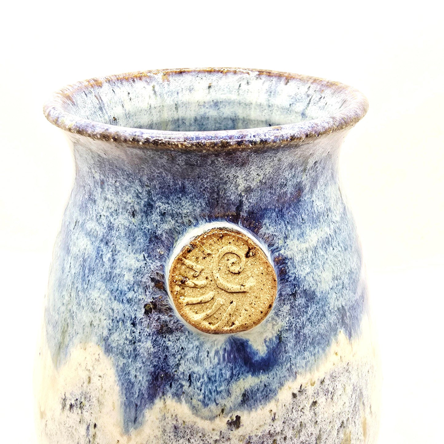 Handmade Ceramic Bud Vase. Ammonite Sprig. Speckled Blue & Cream Glaze. Toasty Stoneware Pottery