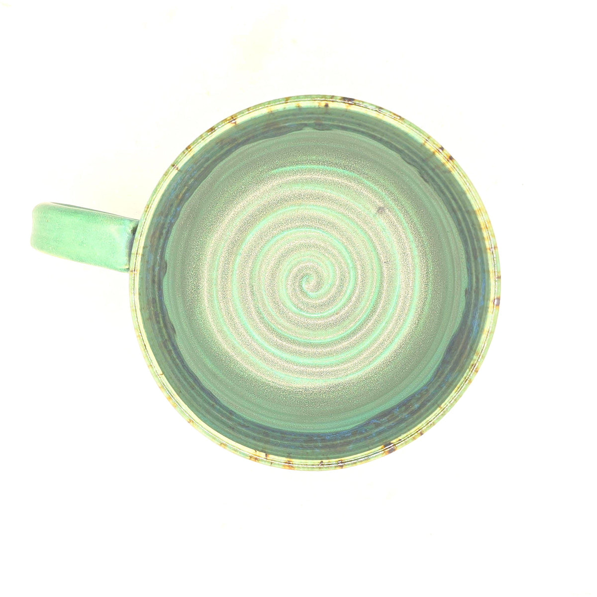 Handmade Ceramic 14oz Cappuccino Mug. Green Verdigris Glaze, White Stoneware Pottery.