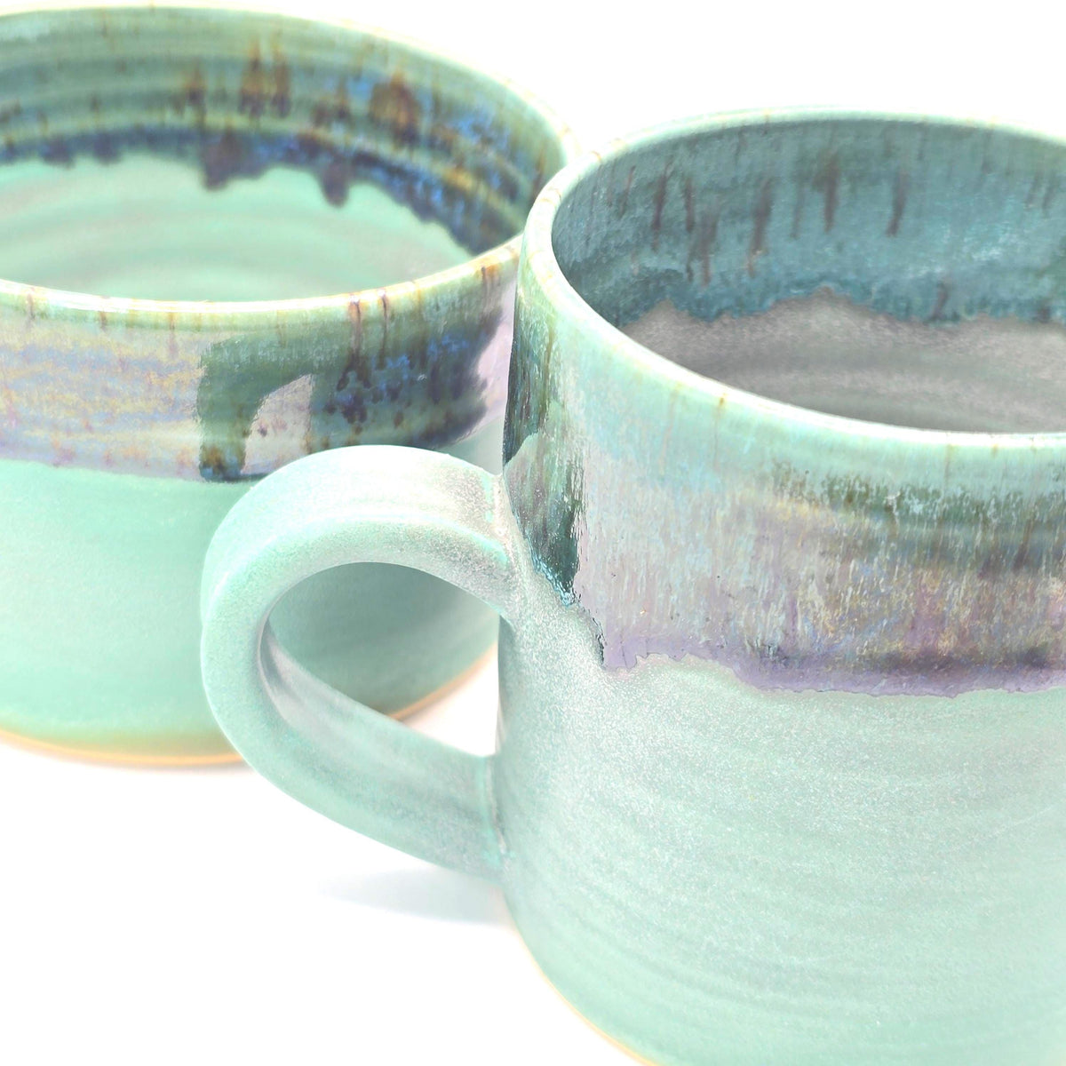 Handmade Ceramic 14oz Cappuccino Mug. Green Verdigris Glaze, White Stoneware Pottery.
