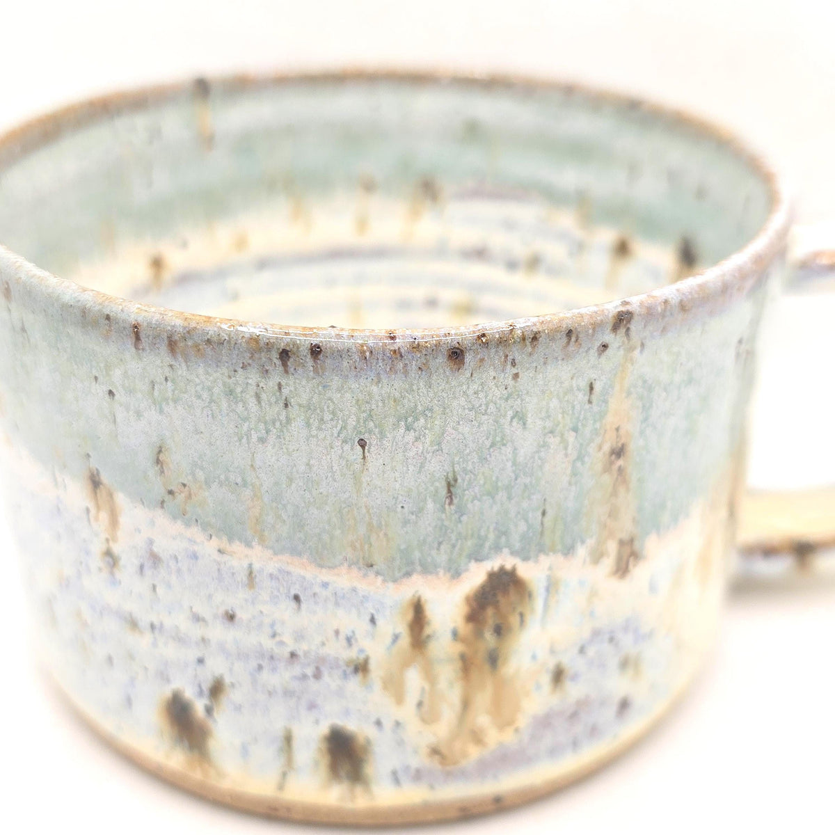 Handmade Ceramic 14oz Cappuccino Mug. Pale Sage Green & Cream Speckled Glaze. Toasty Stoneware Pottery.
