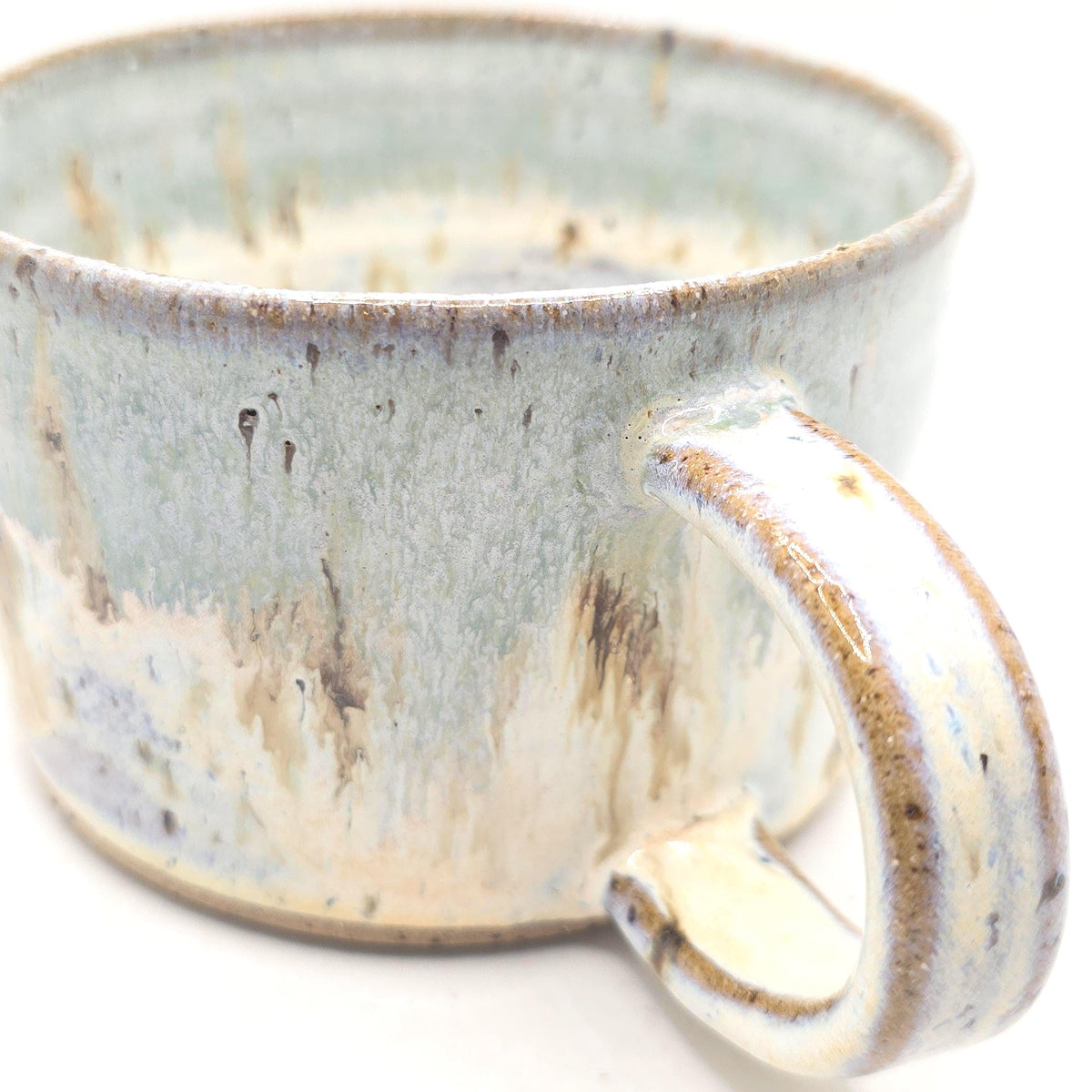 Handmade Ceramic 14oz Cappuccino Mug. Pale Sage Green & Cream Speckled Glaze. Toasty Stoneware Pottery.