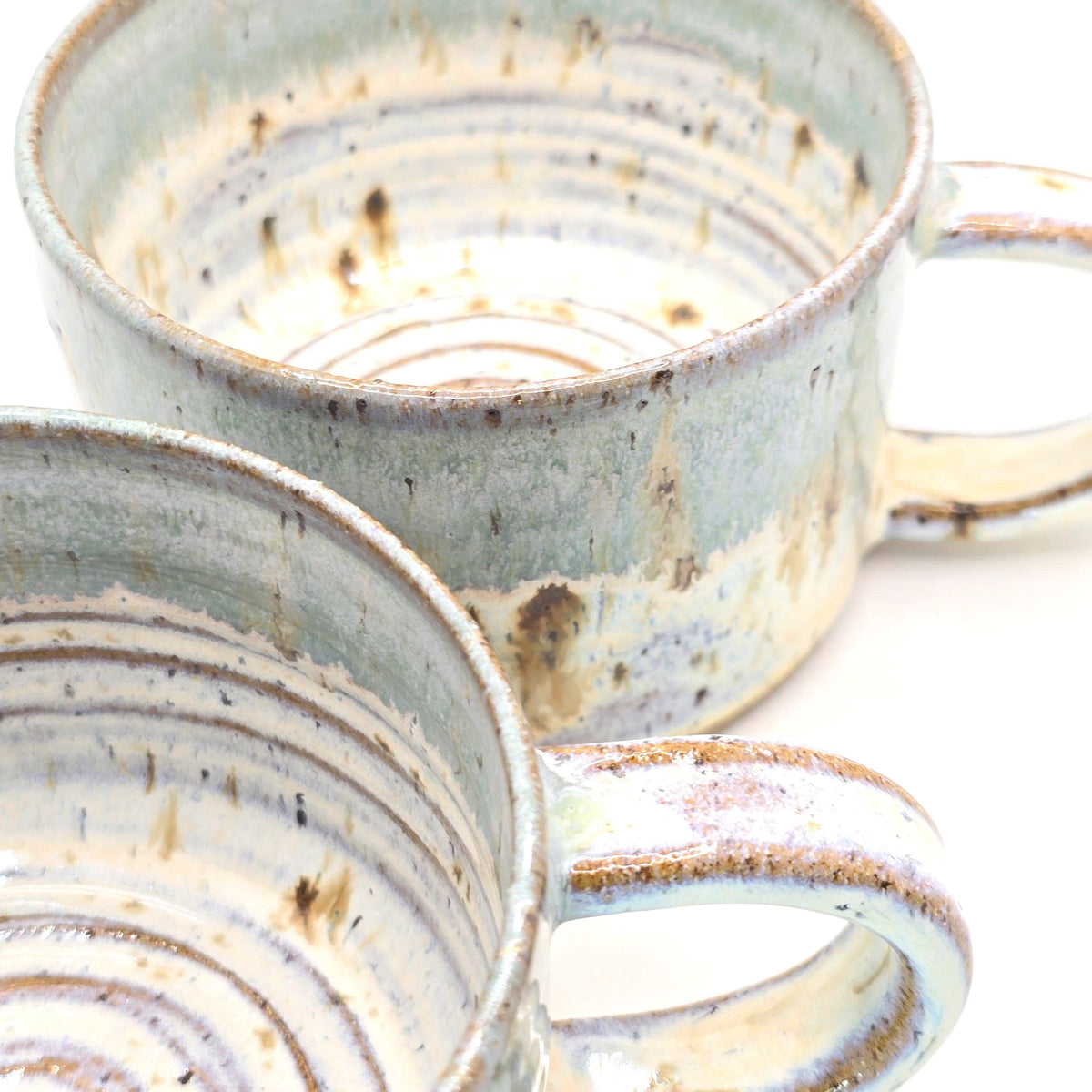 Handmade Ceramic 14oz Cappuccino Mug. Pale Sage Green & Cream Speckled Glaze. Toasty Stoneware Pottery.