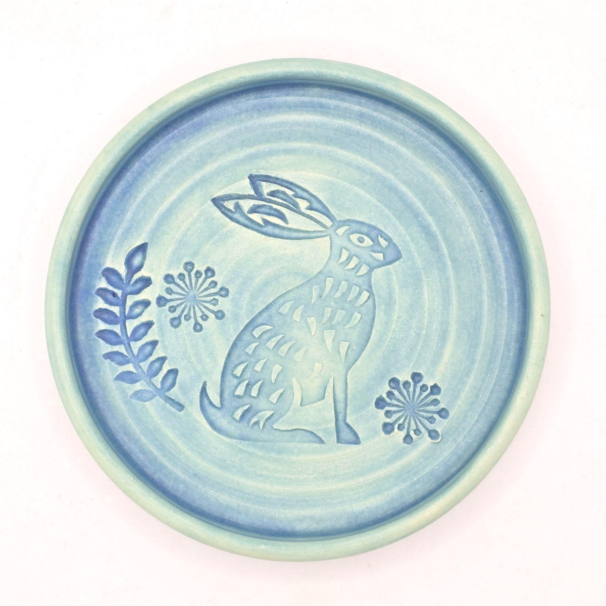 Handmade Ceramic Rabbit Folk Design Trinket Dish, Green Satin Verdigris Glaze, White Stoneware Pottery