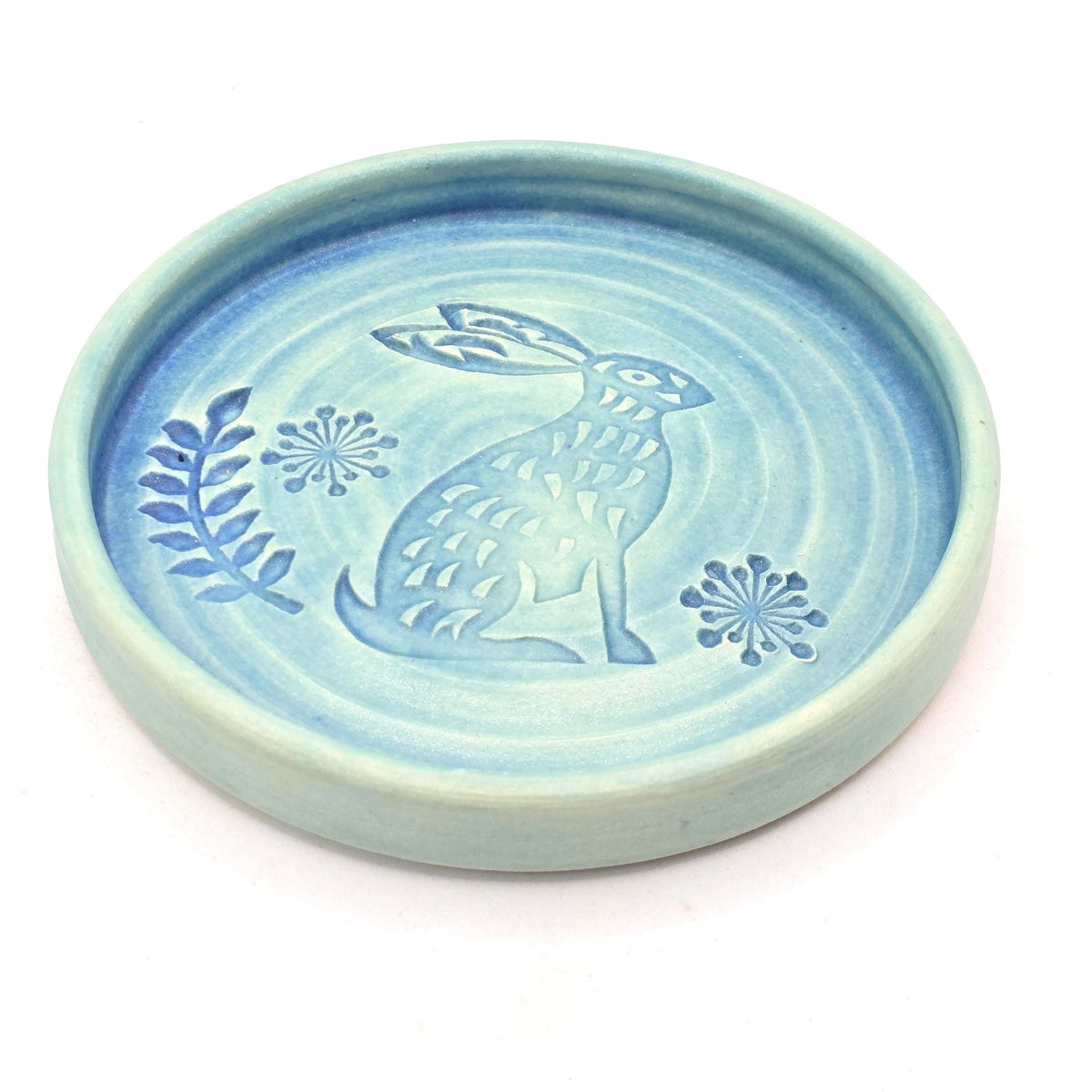 Handmade Ceramic Rabbit Folk Design Trinket Dish, Green Satin Verdigris Glaze, White Stoneware Pottery