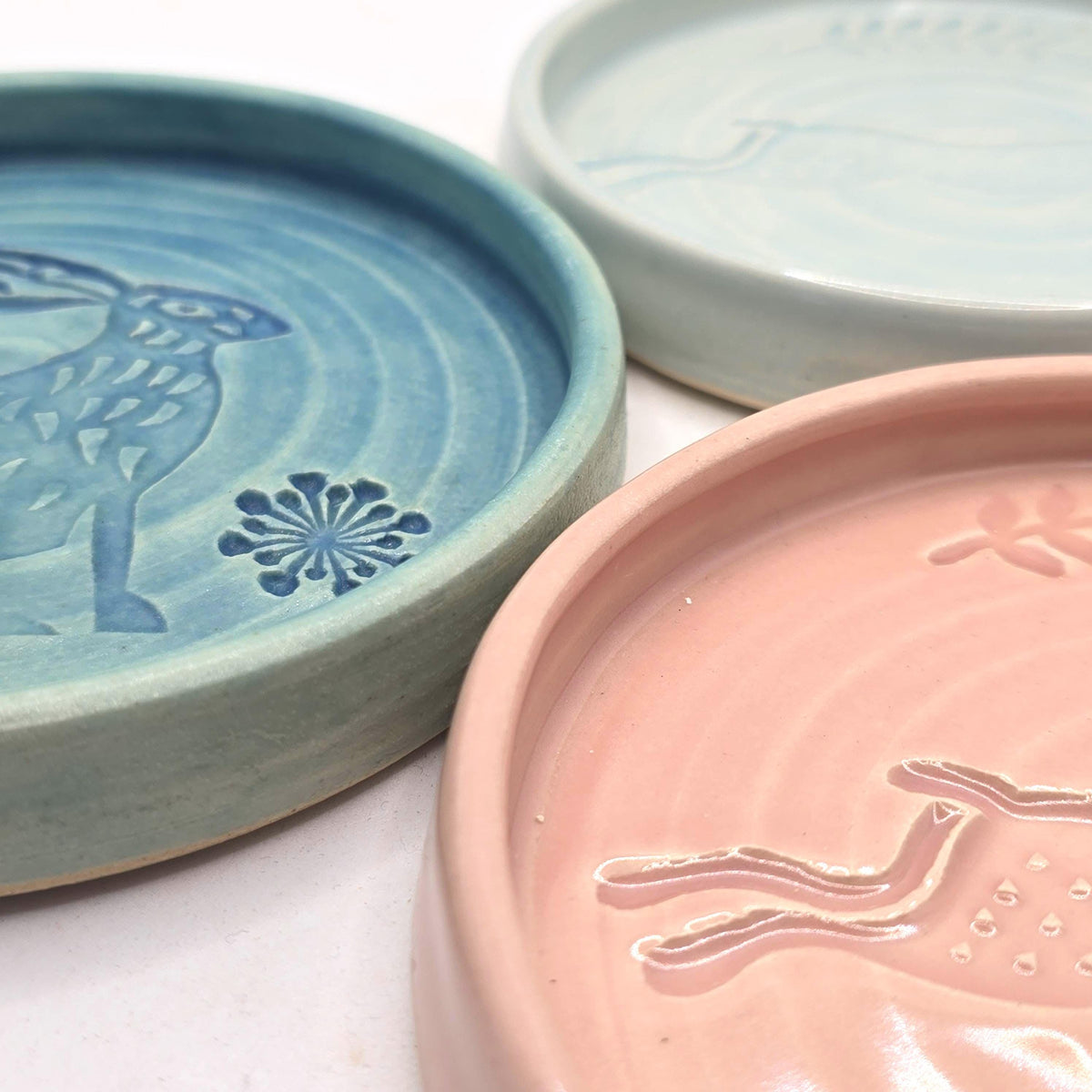 Handmade Ceramic Rabbit Folk Design Trinket Dish, Green Satin Verdigris Glaze, White Stoneware Pottery