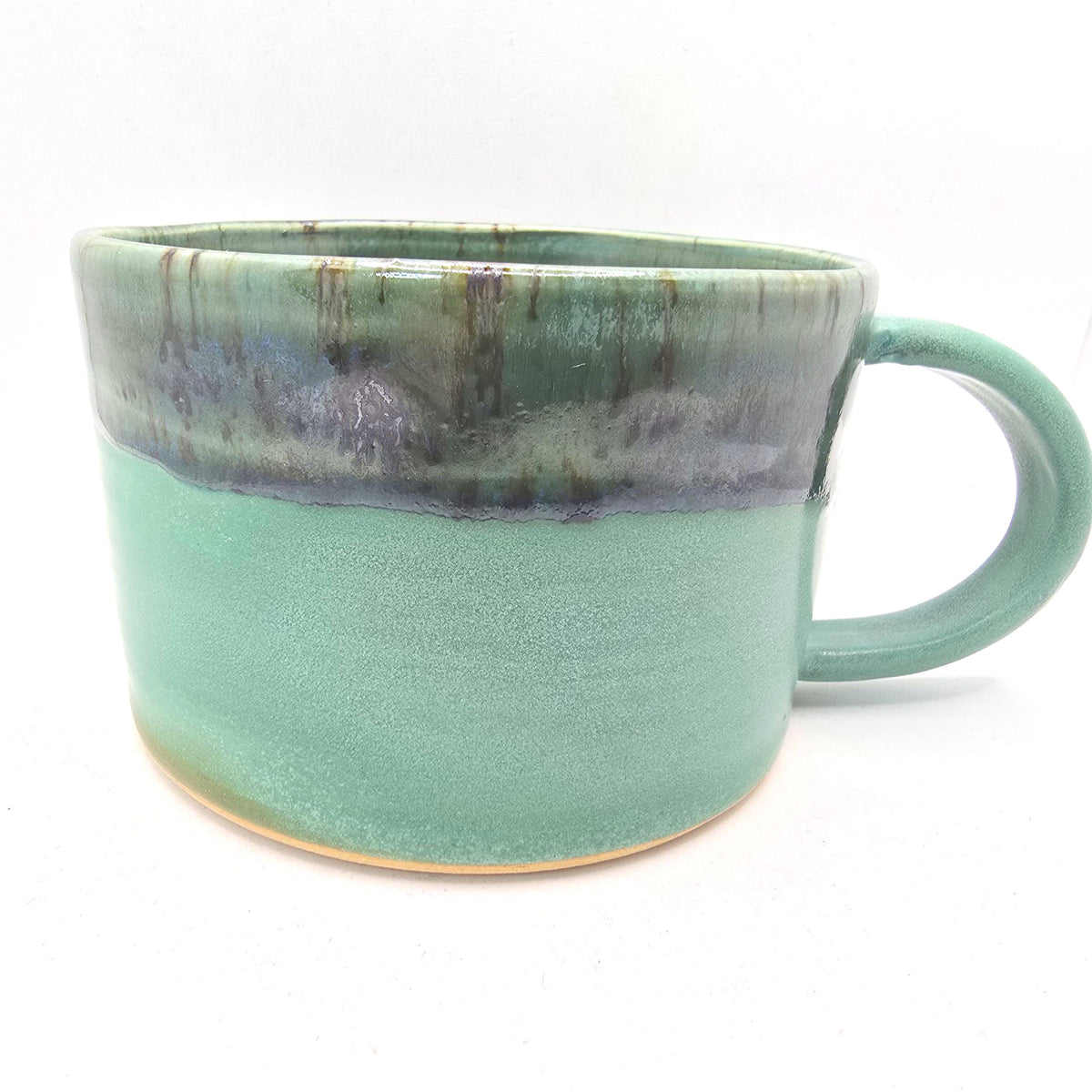 Handmade Ceramic 14oz Cappuccino Mug. Green Verdigris Glaze, White Stoneware Pottery.