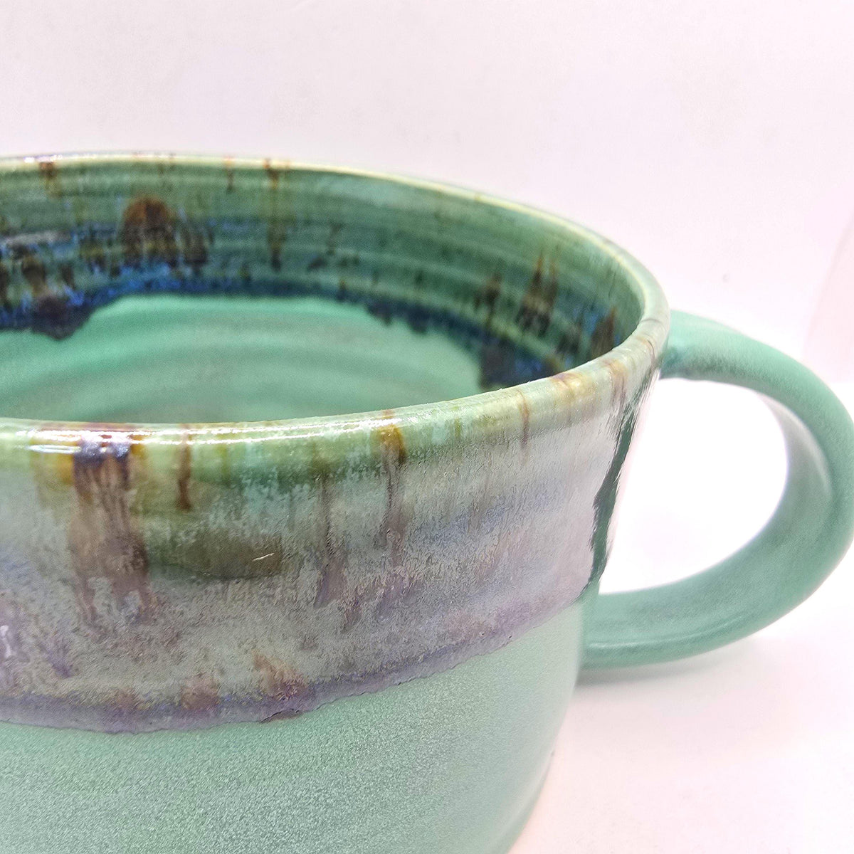 Handmade Ceramic 14oz Cappuccino Mug. Green Verdigris Glaze, White Stoneware Pottery.