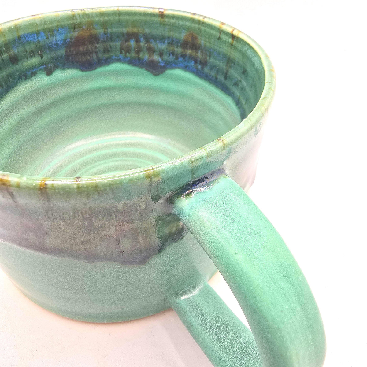 Handmade Ceramic 14oz Cappuccino Mug. Green Verdigris Glaze, White Stoneware Pottery.