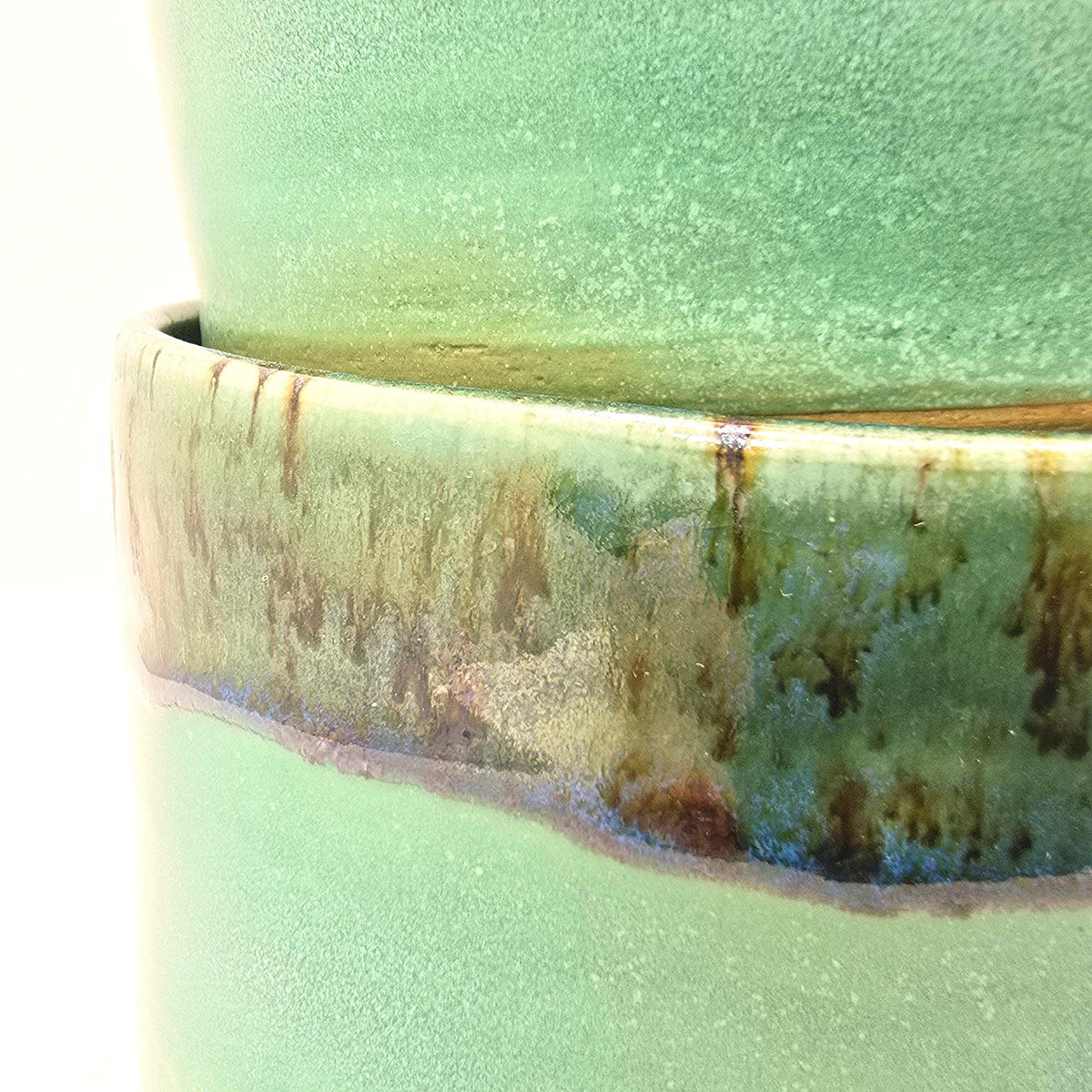 Handmade Ceramic 14oz Cappuccino Mug. Green Verdigris Glaze, White Stoneware Pottery.