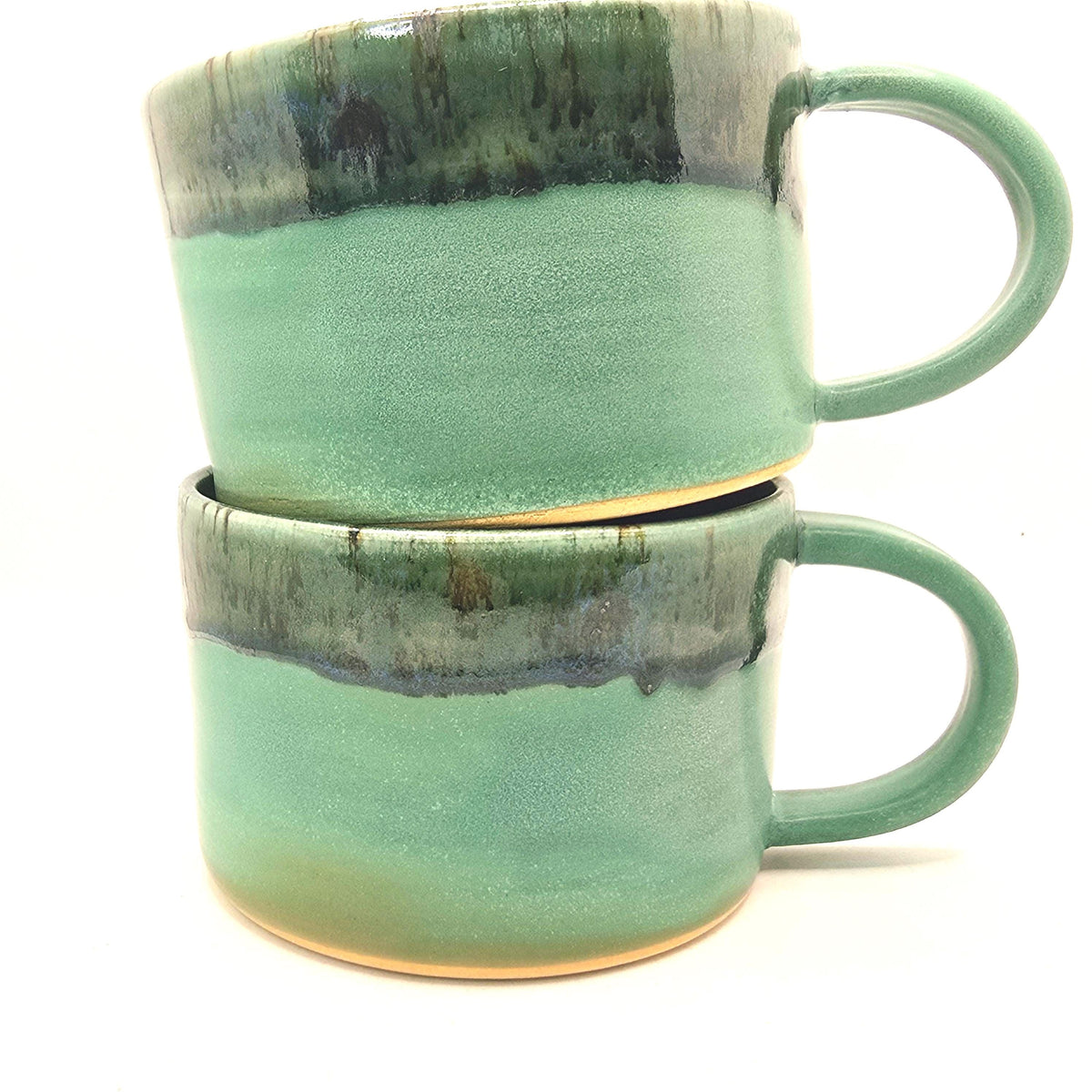 Handmade Ceramic 14oz Cappuccino Mug. Green Verdigris Glaze, White Stoneware Pottery.