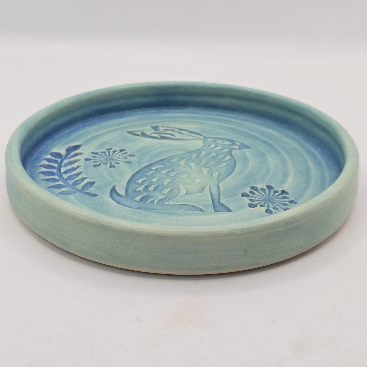Handmade Ceramic Rabbit Folk Design Trinket Dish, Green Satin Verdigris Glaze, White Stoneware Pottery