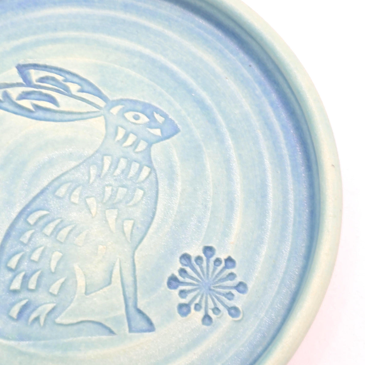 Handmade Ceramic Rabbit Folk Design Trinket Dish, Green Satin Verdigris Glaze, White Stoneware Pottery