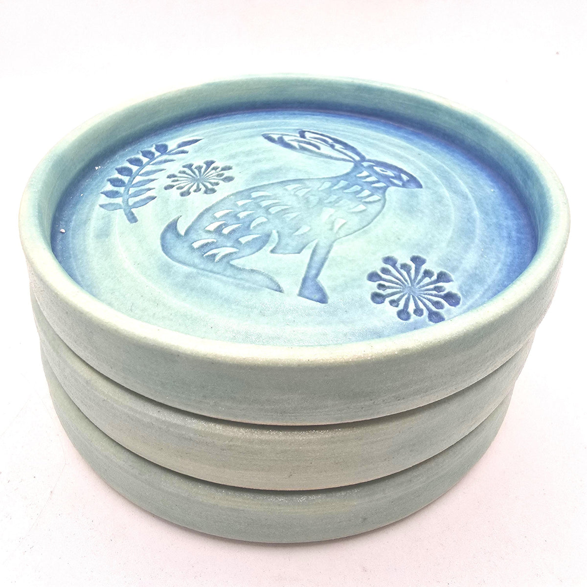 Handmade Ceramic Rabbit Folk Design Trinket Dish, Green Satin Verdigris Glaze, White Stoneware Pottery