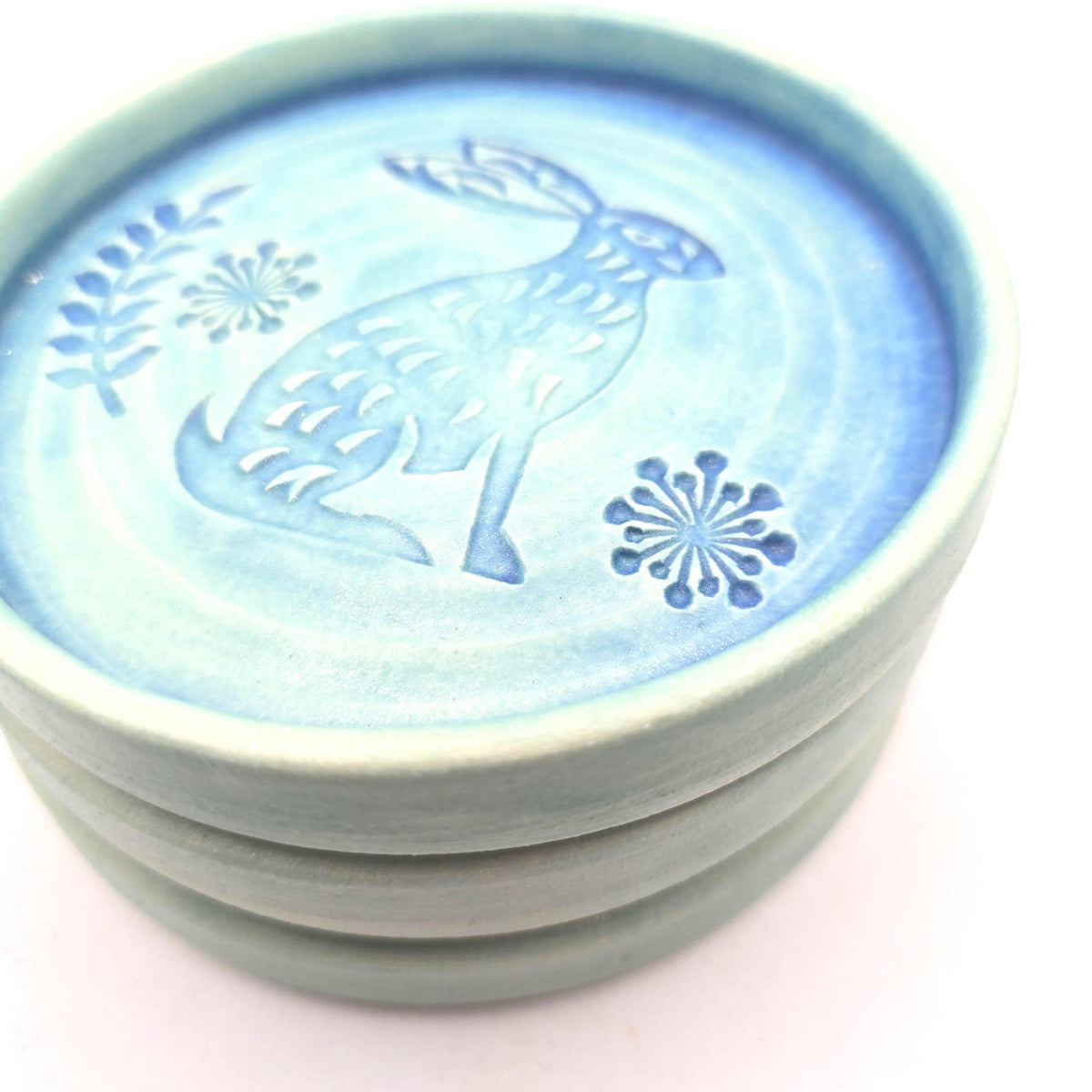 Handmade Ceramic Rabbit Folk Design Trinket Dish, Green Satin Verdigris Glaze, White Stoneware Pottery