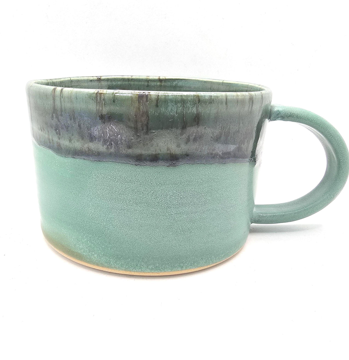 Handmade Ceramic 14oz Cappuccino Mug. Green Verdigris Glaze, White Stoneware Pottery.
