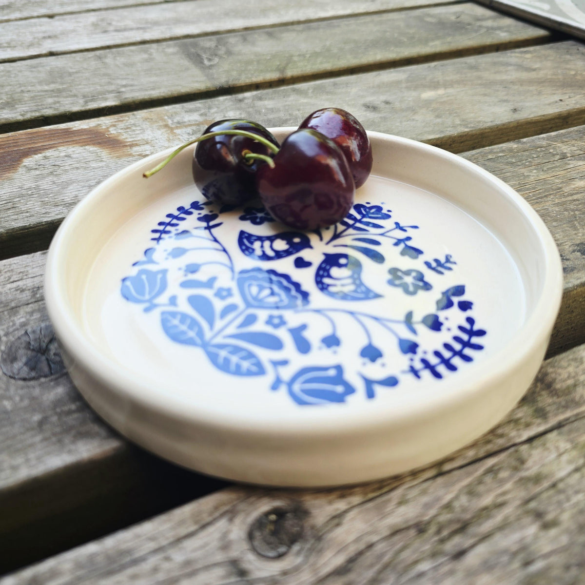 Handmade Ceramic Folk Design Trinket Dish, Blue & Cream Glaze, Stoneware Pottery