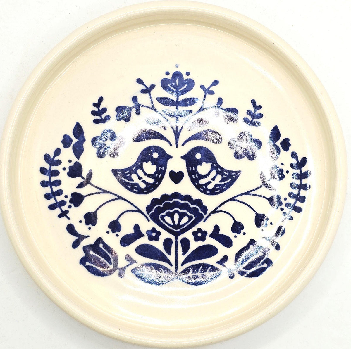 Handmade Ceramic Folk Design Trinket Dish, Blue & Cream Glaze, Stoneware Pottery