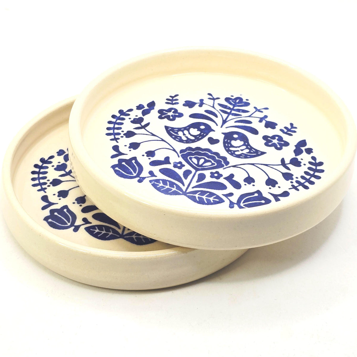 Handmade Ceramic Folk Design Trinket Dish, Blue & Cream Glaze, Stoneware Pottery