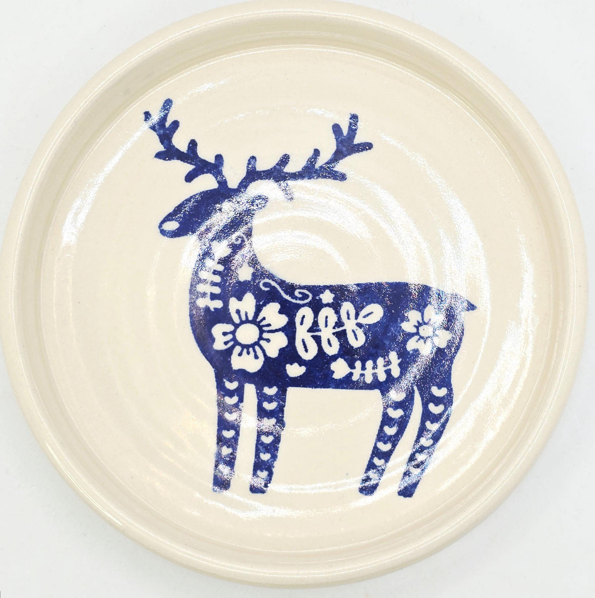 Handmade Ceramic Reindeer Folk Design Trinket Dish, Blue & Cream Glaze, Stoneware Pottery