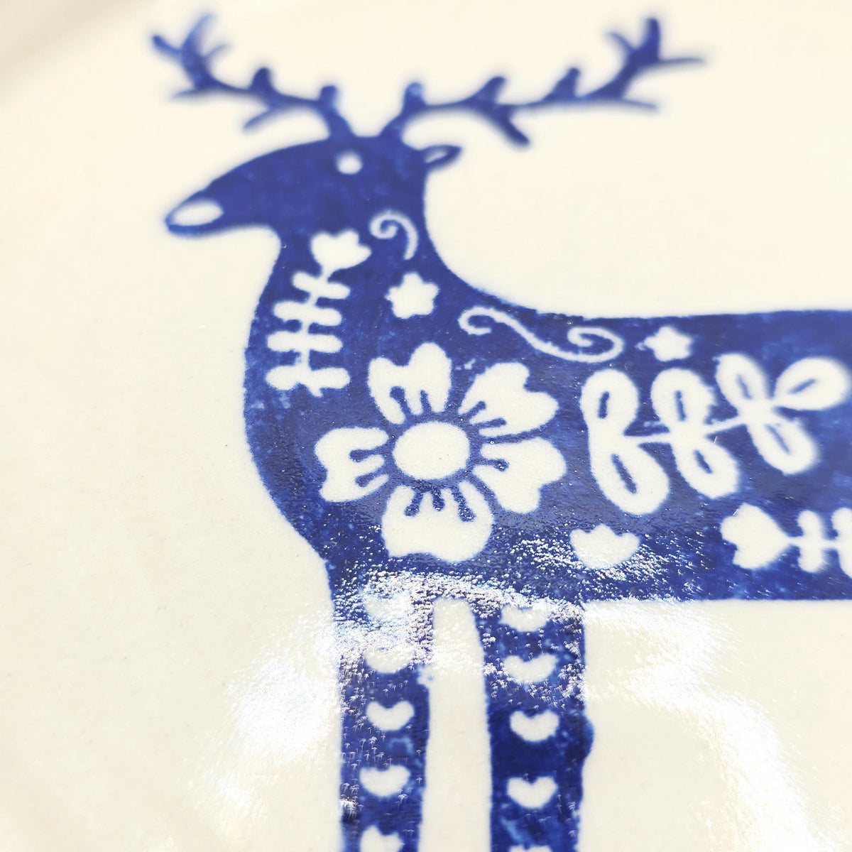 Handmade Ceramic Reindeer Folk Design Trinket Dish, Blue & Cream Glaze, Stoneware Pottery