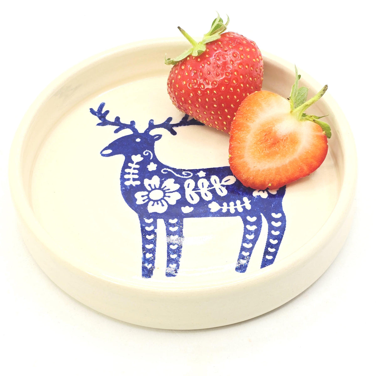 Handmade Ceramic Reindeer Folk Design Trinket Dish, Blue & Cream Glaze, Stoneware Pottery