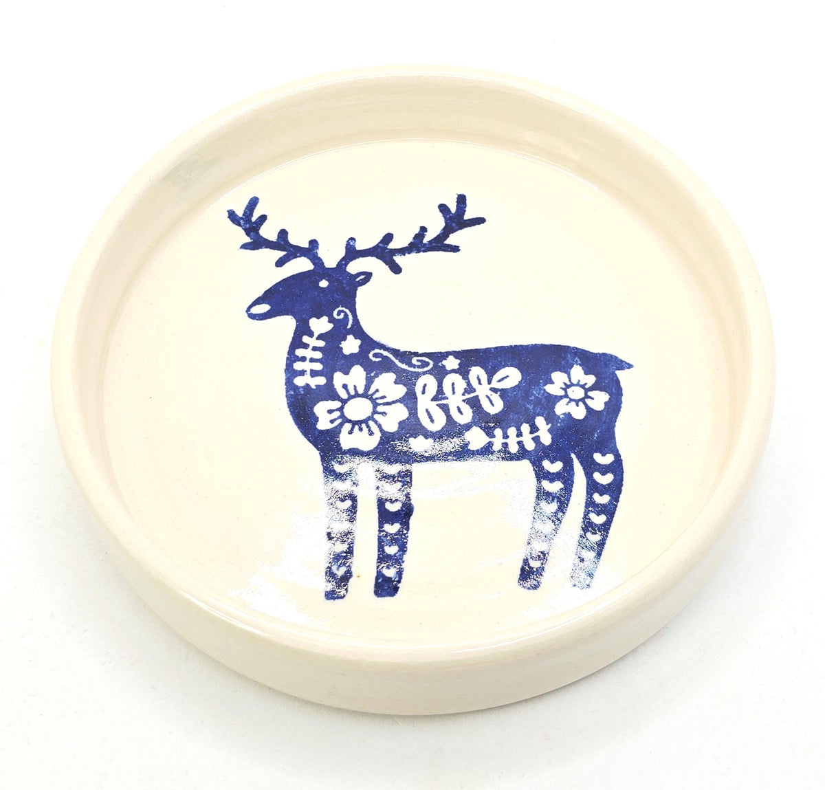 Handmade Ceramic Reindeer Folk Design Trinket Dish, Blue & Cream Glaze, Stoneware Pottery